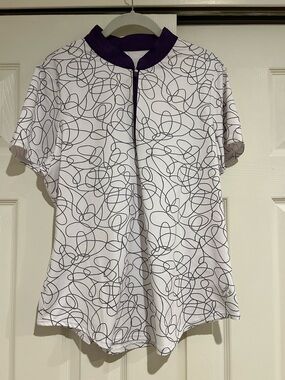 Jofit Women's White Scribble Print Top with Purple Collar size large